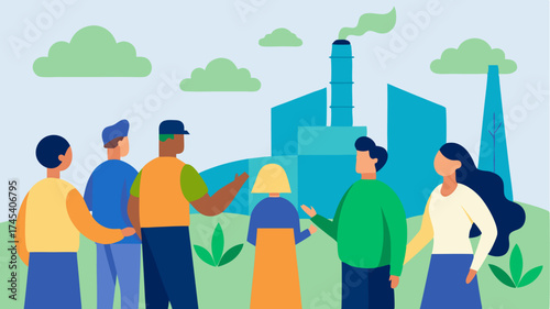 A community gathering around a biomass energy facility with revolving discussions on sustainability.