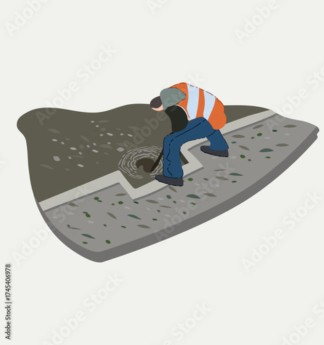 Public worker fixing flooded street