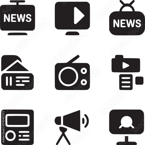 Collection of black and white media icons representing news broadcast and communication tools set on white
