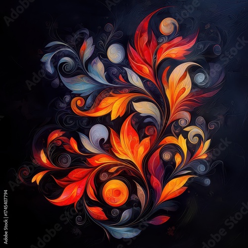 Vibrant Abstract Floral Design with Swirls and Warm Colors