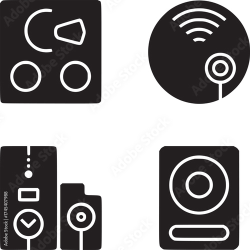 Four black and white icons representing different electronic devices and connectivity concepts shown