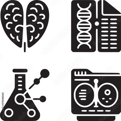 A collection of science related icons including a brain, dna, flask, and a medical imaging device