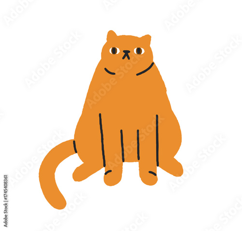 Funny fat cat looking. Cute mem feline in awkward pose, staring with curious expression, clumsy posture, humorous behavior. Comic kitty waiting. Flat vector illustration isolated on white background.