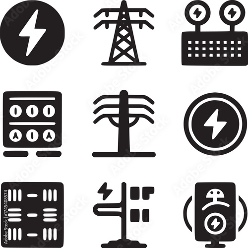 A collection of black and white electricity and power related icons displayed on a white background