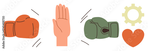 Orange and green boxing gloves facing an open hand, heart, and gear. Ideal for conflict resolution, teamwork, balance, negotiation, compromise unity and communication. Simple flat metaphor