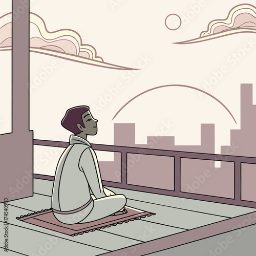 Serene figure meditating on balcony overlooking city skyline at sunrise peaceful contemplation moment vector