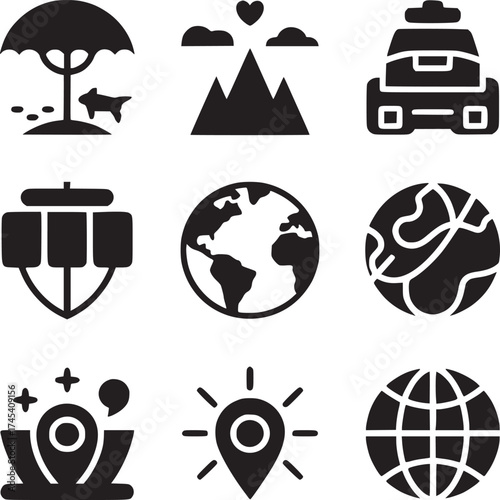 A collection of travel icons including a beach scene mountains car globe and location pins displayed