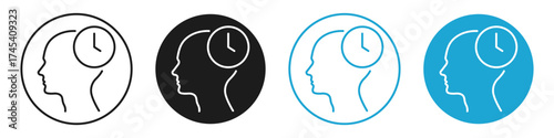 clock inside human head line icon set