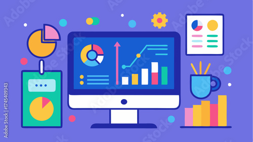 A digital screen showing a vibrant infographic with charts icons and illustrations emphasizing data visualization techniques in graphic design.