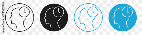 clock inside human head line icon set