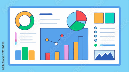 A colorful dashboard view displaying various app metrics complete with pie charts line graphs and a list of recent activities all in a clean layout.
