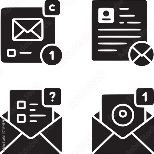 Four black and white icons representing different types of messages and notifications on a white background