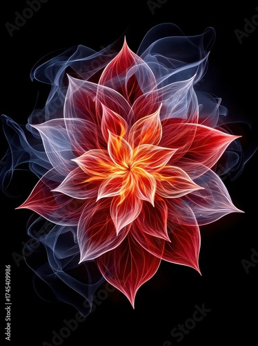Vibrant Abstract Flower in Red and White with Ethereal Smoke Effects