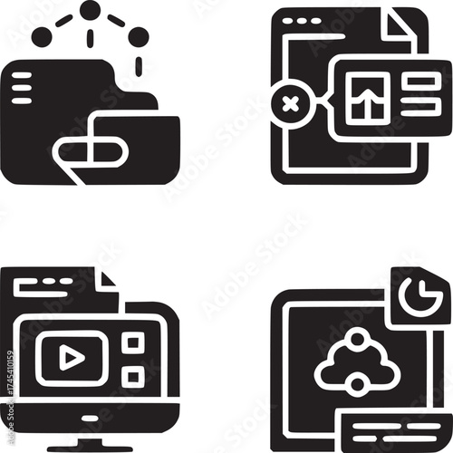 Four black glyph icons representing data sharing, upload, video streaming, and cloud storage sync