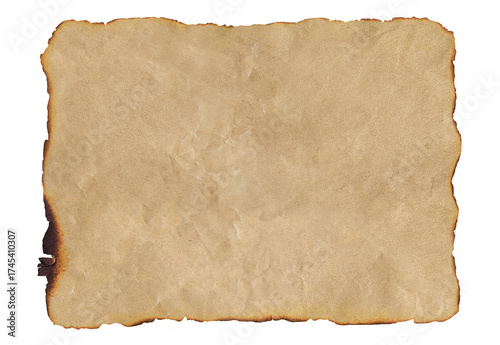 Old parchment paper displaying burnt edge. Paper with burnt edges isolated on transparent background