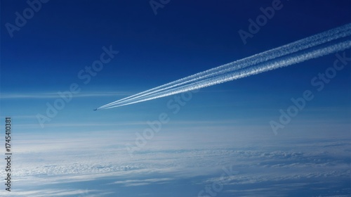 A plane flies high in the upper atmosphere leaving white contrails against a deep blue sky with scattered clouds below e