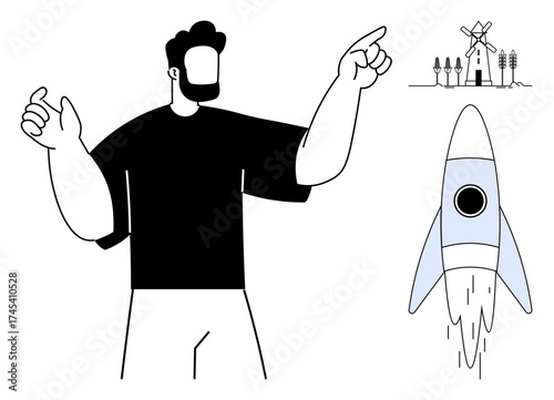 Bearded man pointing at a rocket taking off and a serene countryside setting with a windmill and trees. Ideal for innovation, sustainability, entrepreneurship, exploration, technology, nature