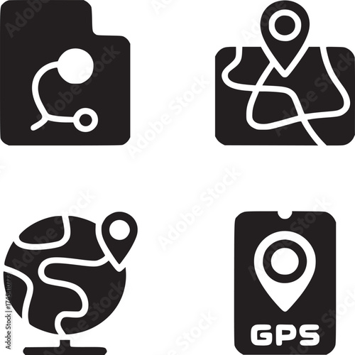 Four black and white gps icons showing a map, globe, and phone with gps location symbol on it