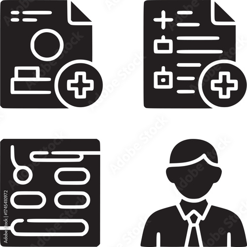 Four black and white icons depicting documents, medical information, and a person in a suit