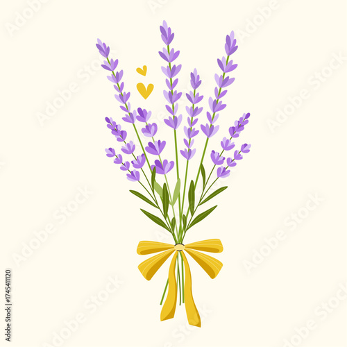 Hand drawn lavender bouquet tied with gold ribbon. Vector botanical illustration on white background for greeting cards, wedding decor, spa design, cosmetics label.
