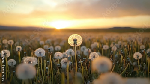 Dandelion Field Against a Beautiful Sunset Horizon in Nature