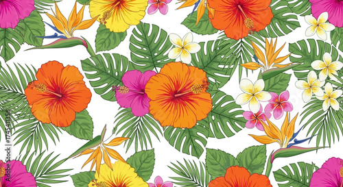 Vibrant tropical floral pattern design featuring hibiscus, plumeria, and bird of paradise flowers creating a summery and joyful island vibe for textiles