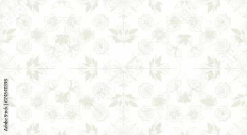 Elegant floral line art pattern with roses and leaves for a delicate wallpaper or textile design project, perfect for adding a touch of nature to any space