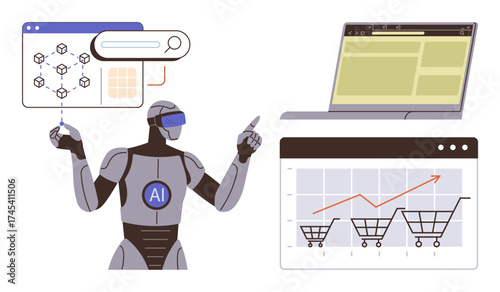 Robot with AI branding analyzing website data, growth graphs, and purchasing trends on laptop. Ideal for technology, e-commerce, data analysis, automation, innovation concepts, AI tools online