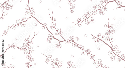 Delicate cherry blossoms on branches create a beautifully seamless pattern for graceful designs, perfect for spring promotions and elegant invitations