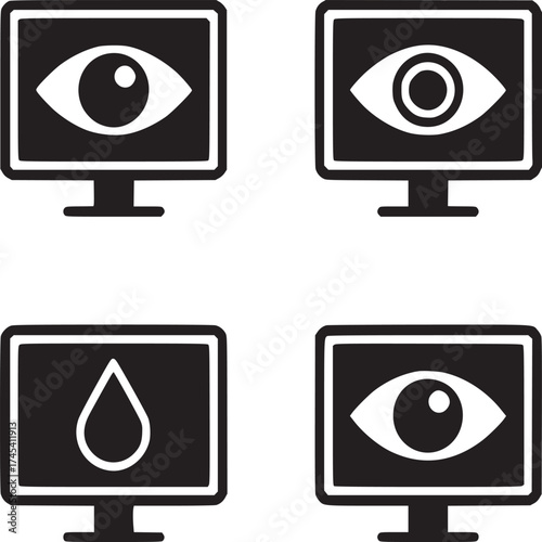 Four computer screen icons displaying eye symbols and a teardrop on a white background vector art