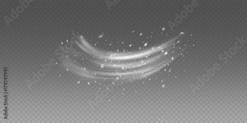 Cold winter wind texture PNG with soft blizzard effect. Transparent snow swirl overlay with frosty sparkles for holiday or Christmas design.