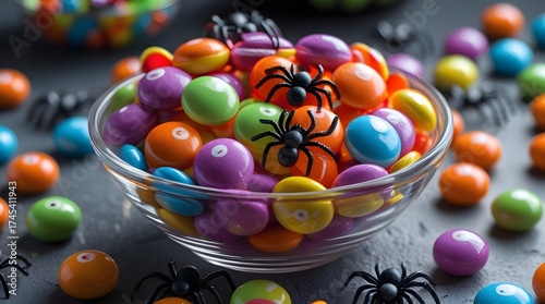 Colorful halloween candy spiders and treats in a glass bowl