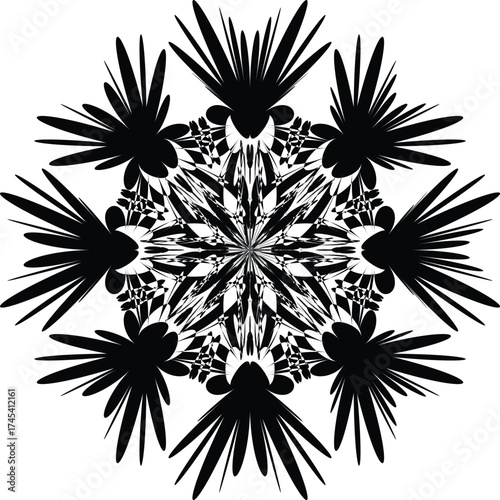 a black and white illustration of a mandala, which is a geometric design that holds symbolic meaning in various cultures and religions, particularly Hinduism and Buddhism. 