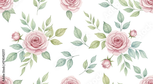 Delicate pink roses and soft green leaves create a beautiful, romantic seamless pattern perfect for spring and wedding designs