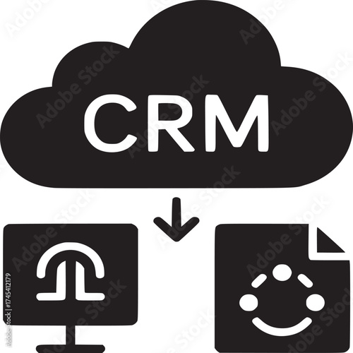 A black and white illustration of a cloud with crm above a computer and a document symbol below it