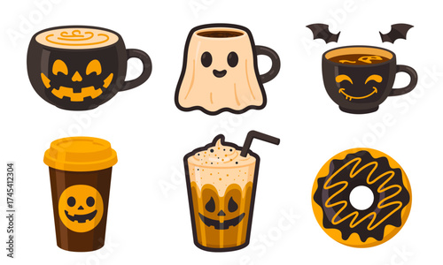 Halloween drinks set. Cute Halloween coffee mugs with spooky and funny designs for ticker, t-shirt, poster, banner, card, clipart. Spooky Halloween elements collection. Donuts with gold drizzle