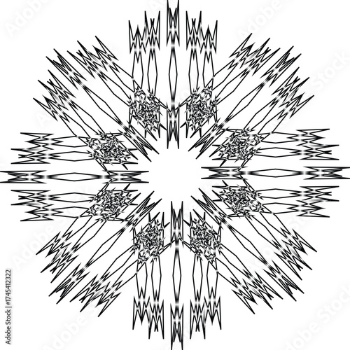 a black and white design of a mandala, which is a geometric configuration of symbols. This particular design has a sun-like, radial symmetry. 