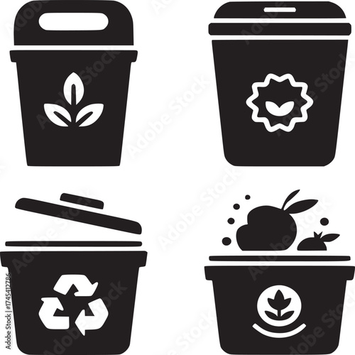 Four black and white recycling bin icons with different symbols on a white background image design