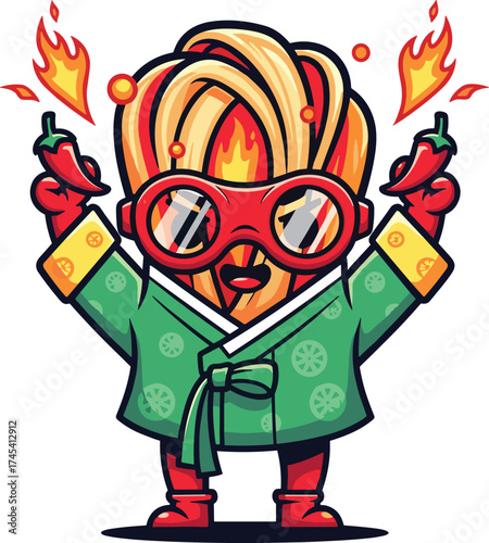 Fiery Kimchi Character in Hanbok with Goggles and Peppers