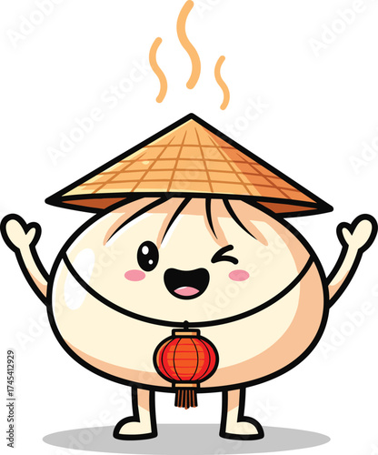 Cute Bao Bun Cartoon Character with Asian Hat and Lantern