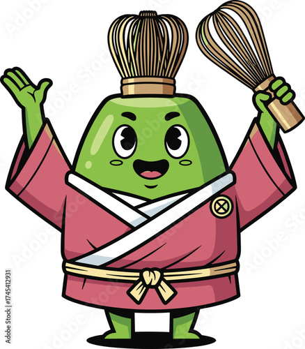 Cartoon Matcha Character in Monk Robe with Whisk