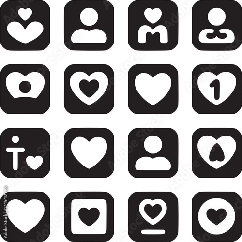 A collection of sixteen black square icons featuring hearts and people on a white background