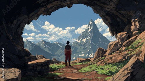 A dark-haired individual dressed in red stands at a cave entrance,