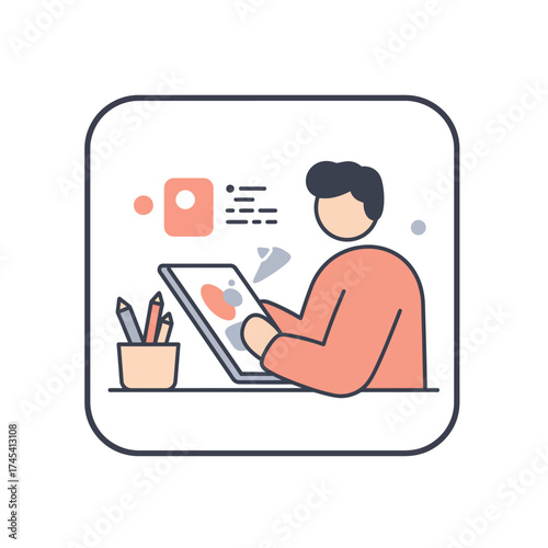 Minimalist Line Art Designer Using Tablet for Digital Creation Illustration