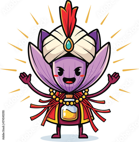 Cute Saffron Spice Character in Turban, Holding Golden Potion
