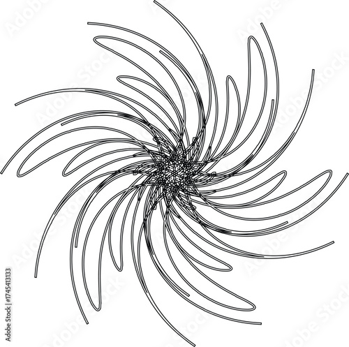 a black and white vector illustration of a spiral design. It is often described as an abstract line drawing or a spiral tendril. 