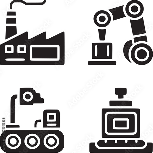 Black silhouette icons of factory automation equipment on a white isolated background layout