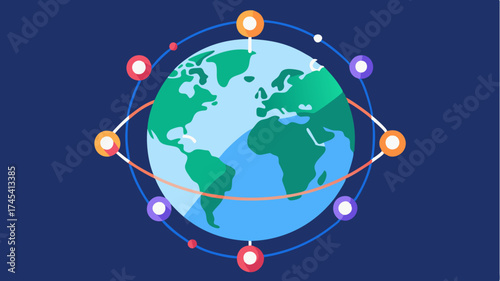 A digital globe surrounded by interconnected pins representing global online learning communities and international collaborations.