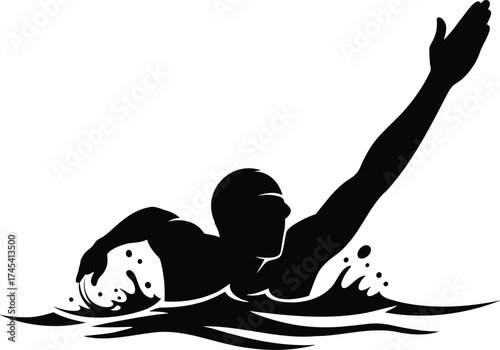Freestyle Swimmer Silhouette Vector – Front Crawl Stroke with Splash, Aquatic Sports Illustration