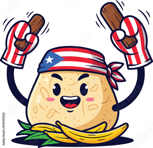 Mofongo Mascot Character Pounding Plantains with Puerto Rican Pride
